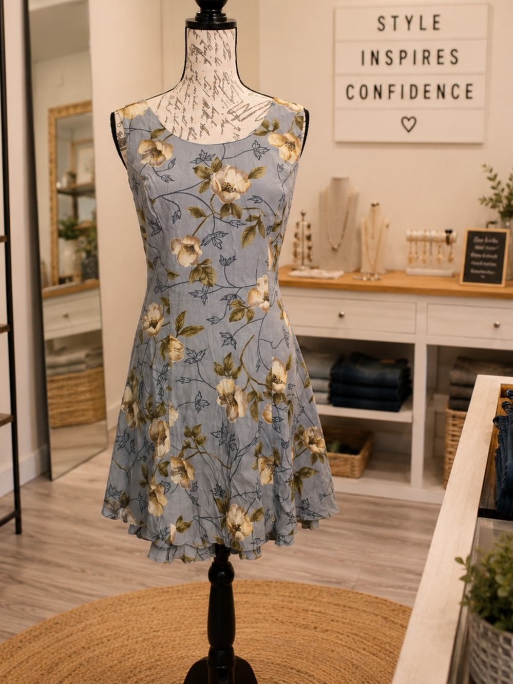The Vanity Room sleeveless dress features a soft blue background with a delicate
